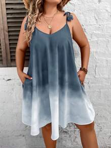 SHEIN VCAY Váy hai dây buộc vai Boho Ombre cỡ lớn, cho mùa hè - Màu xanh bụi bặm - Xem 5