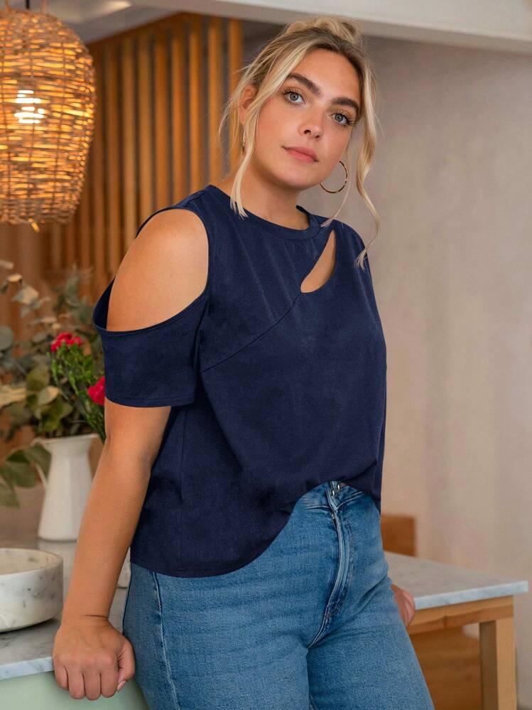 SHEIN LUNE Camiseta unicolor con abertura delantera - Azul Marino - Añade 4