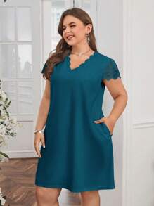 SHEIN Clasi Đầm Plus Size Tương phản ren Túi Sò điệp màu trơn Giải trí - Màu xanh ngọc - Xem 1