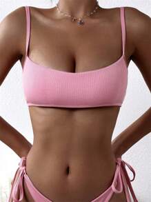 SHEIN Swim Summer Beach Solid Ribbed Knit Bikini Top - Pink - View 1