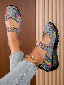 Giày thể thao đế xuồng kiểu dáng thể thao cho nữ, Sneakers Slip On chi tiết bện màu - Nhiều màu - Xem 3