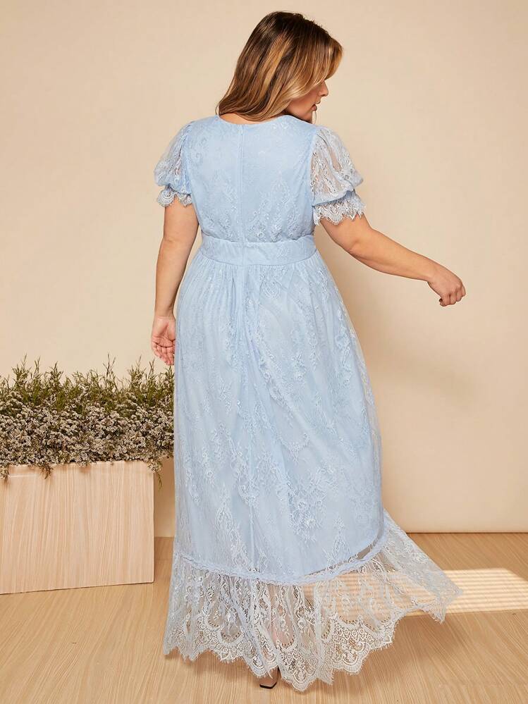 SHEIN Belle Plus Plunging Neck Puff Sleeve Lace Bridesmaid Dress - Baby Blue - View 5
