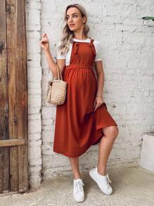 SHEIN Váy Bà bầu Thắt nút Thùa khuyết màu trơn Giải trí - Rỉ Nâu - Xem 1