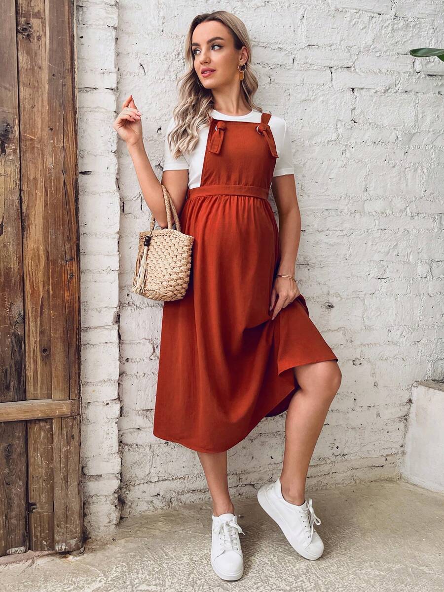 SHEIN Váy Bà bầu Thắt nút Thùa khuyết màu trơn Giải trí - Rỉ Nâu - Xem 1