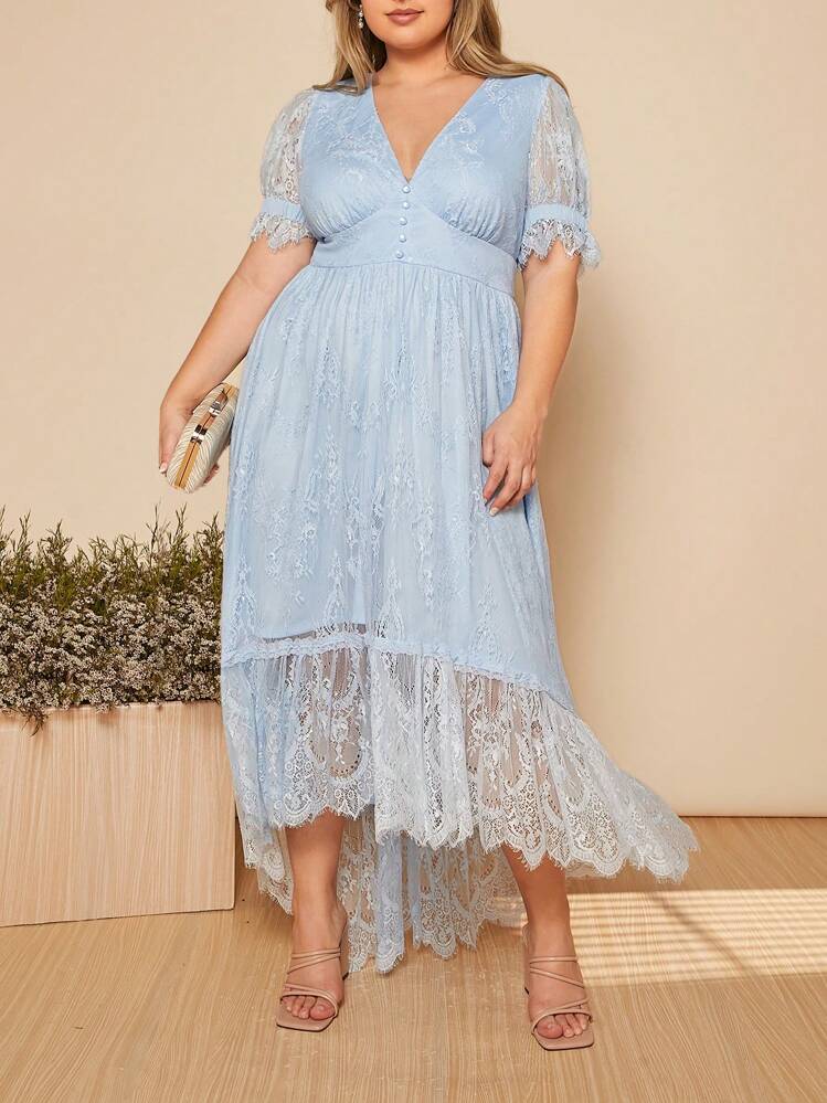 SHEIN Belle Plus Plunging Neck Puff Sleeve Lace Bridesmaid Dress - Baby Blue - View 2