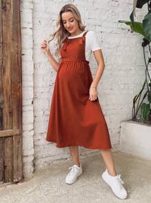 SHEIN Váy Bà bầu Thắt nút Thùa khuyết màu trơn Giải trí - Rỉ Nâu - Xem 4