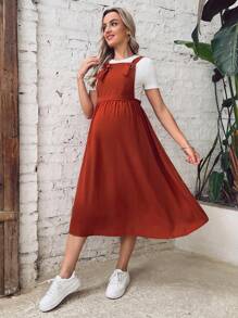 SHEIN Váy Bà bầu Thắt nút Thùa khuyết màu trơn Giải trí - Rỉ Nâu - Xem 5