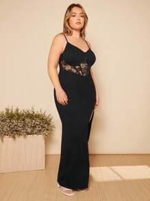 SHEIN Belle Plus Contrast Lace Split Thigh Cami Dress - Black - View 7