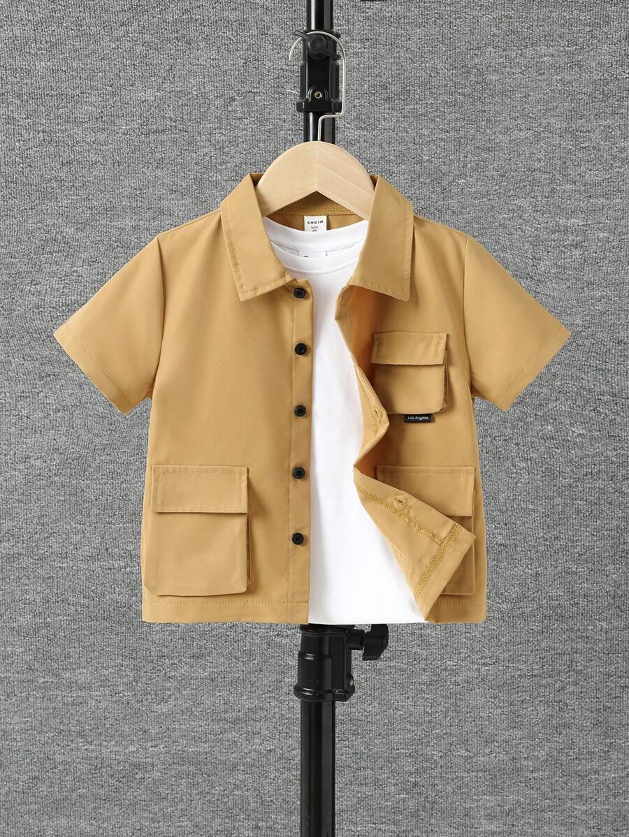 小男童翻蓋口袋襯衫不帶T恤 - 卡其色 - 查看 1