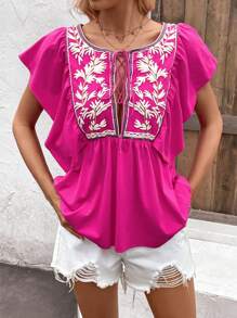 SHEIN LUNE Floral Embroidery Tie Neck Ruffle Trim Butterfly Sleeve Tee - Hot Pink - View 1