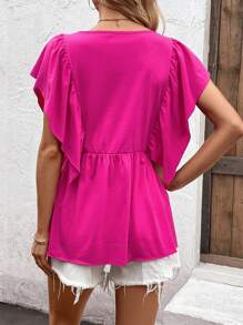 SHEIN LUNE Floral Embroidery Tie Neck Ruffle Trim Butterfly Sleeve Tee - Hot Pink - View 2