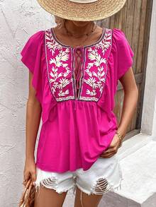 SHEIN LUNE Floral Embroidery Tie Neck Ruffle Trim Butterfly Sleeve Tee - Hot Pink - View 4