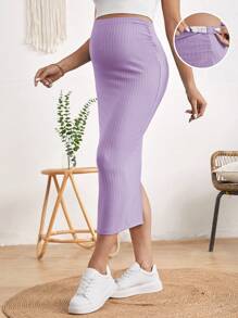 SHEIN Maternity Adjustable Waist Split Thigh Rib-knit Pencil Skirt - Lilac Purple - View 1