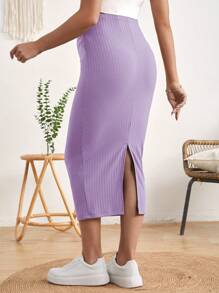 SHEIN Maternity Adjustable Waist Split Thigh Rib-knit Pencil Skirt - Lilac Purple - View 2