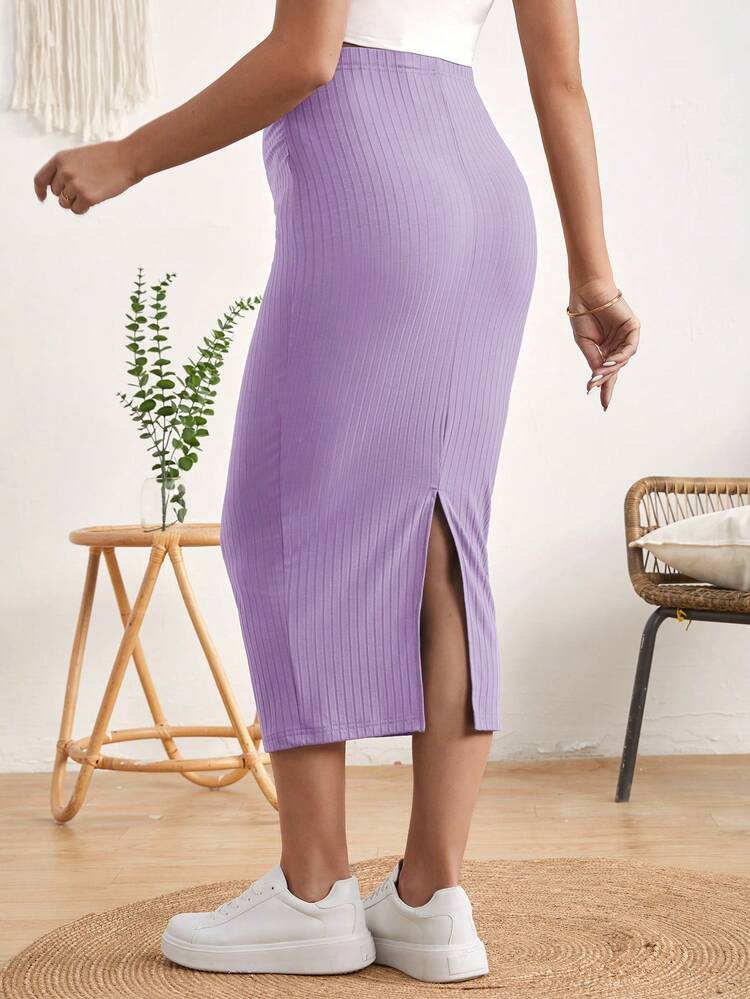 SHEIN Maternity Adjustable Waist Split Thigh Rib-knit Pencil Skirt - Lilac Purple - View 2