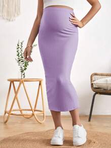 SHEIN Maternity Adjustable Waist Split Thigh Rib-knit Pencil Skirt - Lilac Purple - View 5