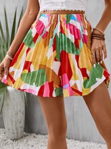 SHEIN VCAY Allover Print Pleated Shorts - Multicolor - View 3