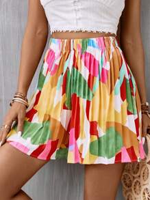 SHEIN VCAY Allover Print Pleated Shorts - Multicolor - View 5