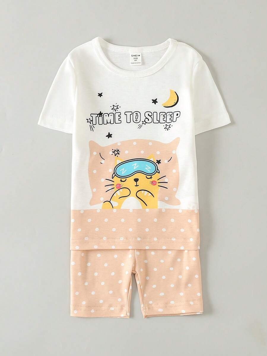 女孩卡通和標語圖案T恤和波點圖案短褲緊身睡衣套裝 - 彩色 - 查看 1