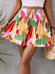 SHEIN VCAY Allover Print Pleated Shorts - Multicolor - View 1