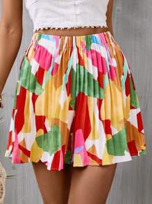 SHEIN VCAY Allover Print Pleated Shorts - Multicolor - View 2