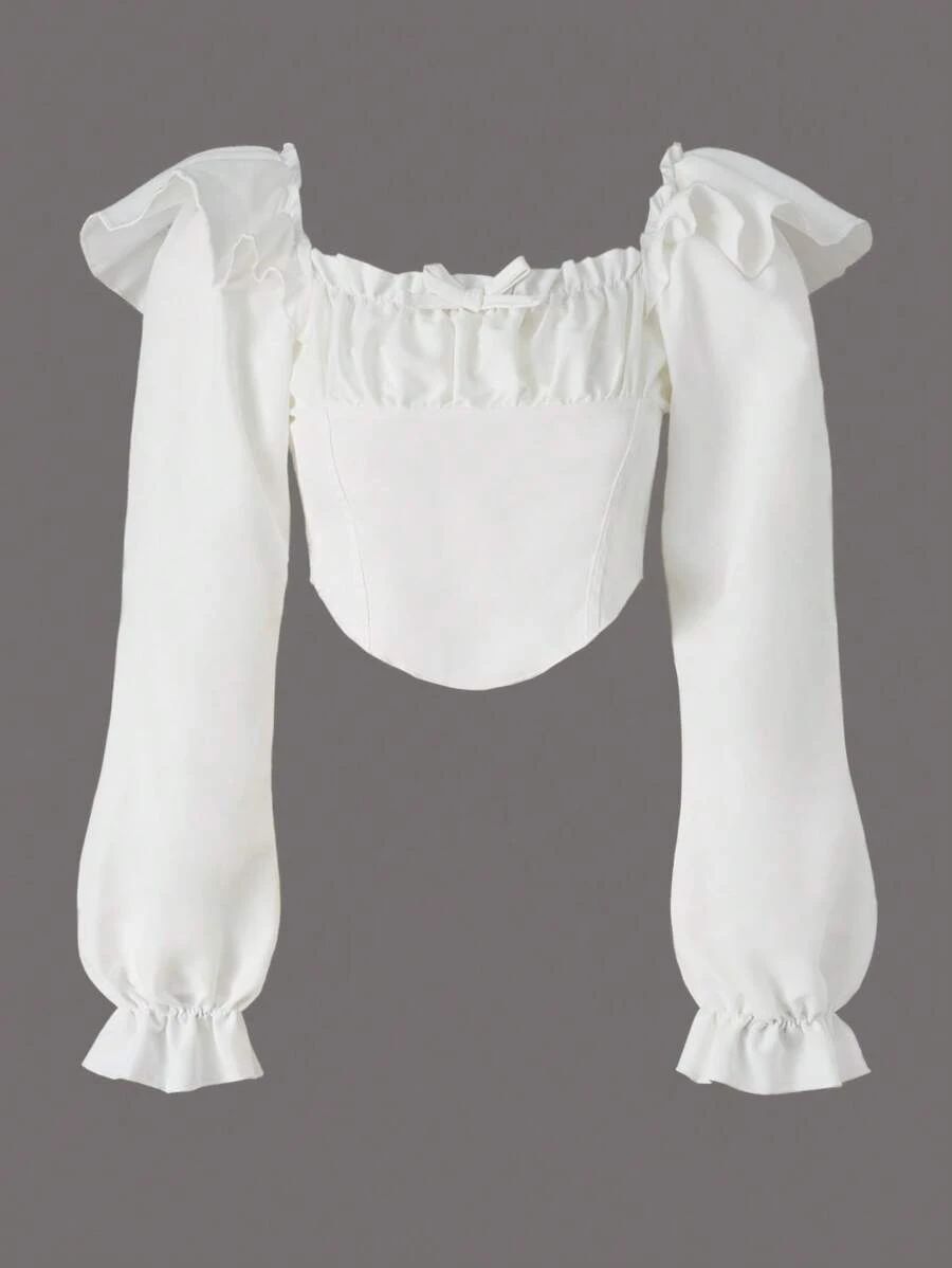 SHEIN Chicas adolescentes Camisa crop pecho con fruncido ribete con fruncido - Blanco - Ver 1