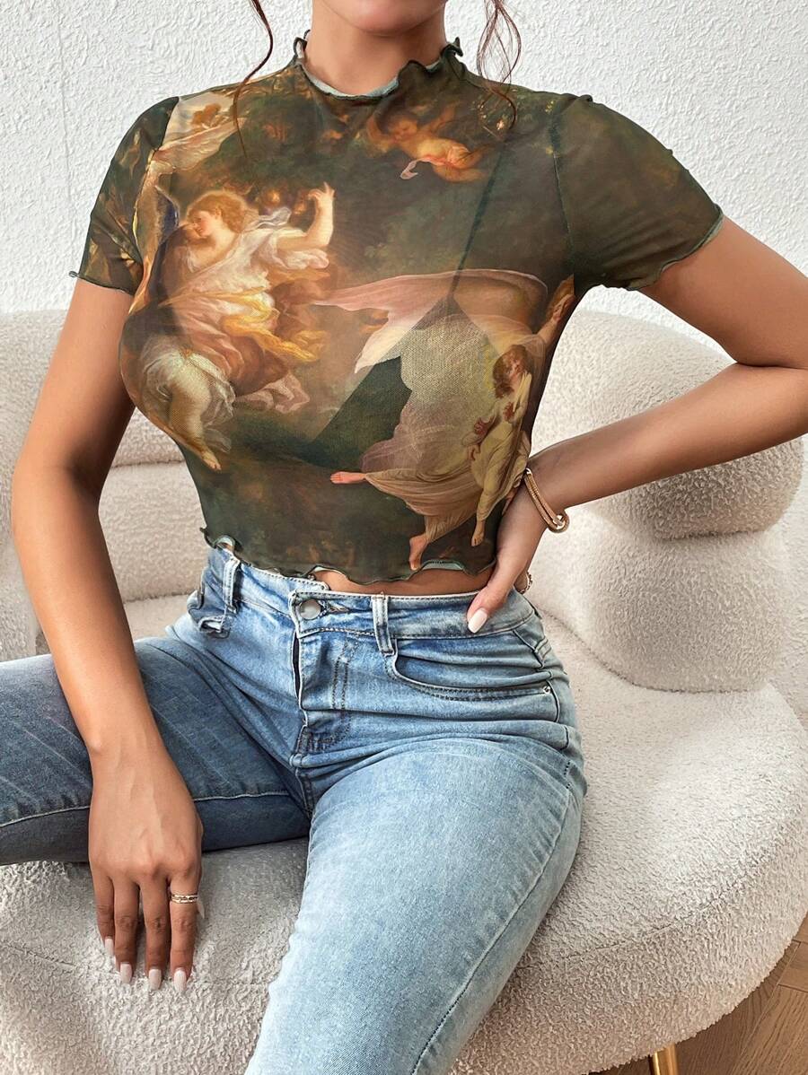 SHEIN Privé 人像圖案木耳邊小高領網紗上衣不附胸罩 - 彩色 - 查看 1