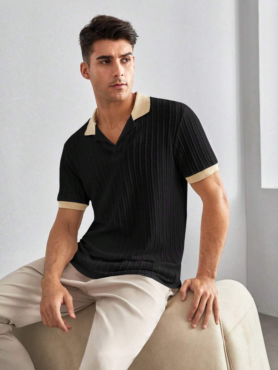 Manfinity NXTstreet 男士拼接邊麻花編織POLO衫 - 黑色 - 查看 1