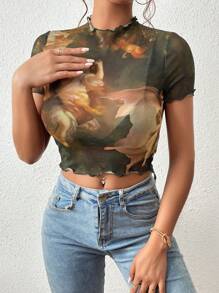 SHEIN Privé 人像圖案木耳邊小高領網紗上衣不附胸罩 - 彩色 - 查看 4