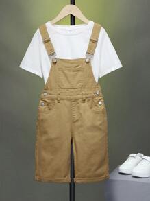 SHEIN Bé Trai Quần yếm & Áo liền quần Denim Nút Túi màu trơn Giải trí - Màu Khaki - Xem 1