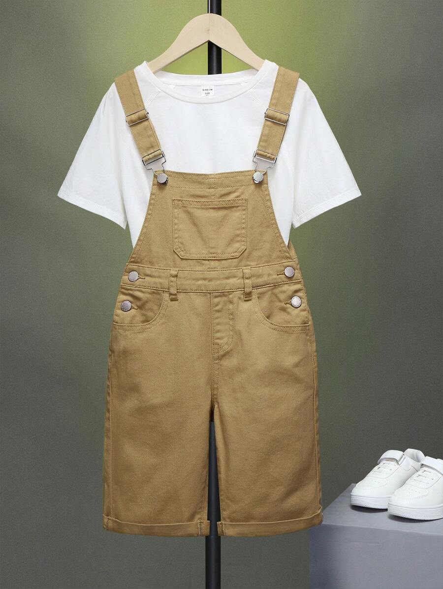 SHEIN Bé Trai Quần yếm & Áo liền quần Denim Nút Túi màu trơn Giải trí - Màu Khaki - Xem 1