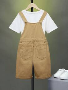 SHEIN Bé Trai Quần yếm & Áo liền quần Denim Nút Túi màu trơn Giải trí - Màu Khaki - Xem 2
