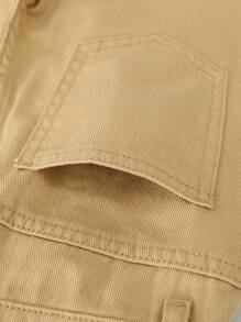 SHEIN Bé Trai Quần yếm & Áo liền quần Denim Nút Túi màu trơn Giải trí - Màu Khaki - Xem 4