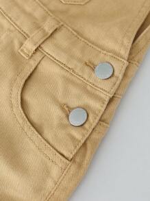 SHEIN Bé Trai Quần yếm & Áo liền quần Denim Nút Túi màu trơn Giải trí - Màu Khaki - Xem 6