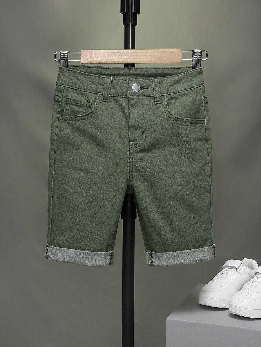 SHEIN 青少年男童傾斜口袋捲邊牛仔短褲 - 軍綠色 - 查看 1