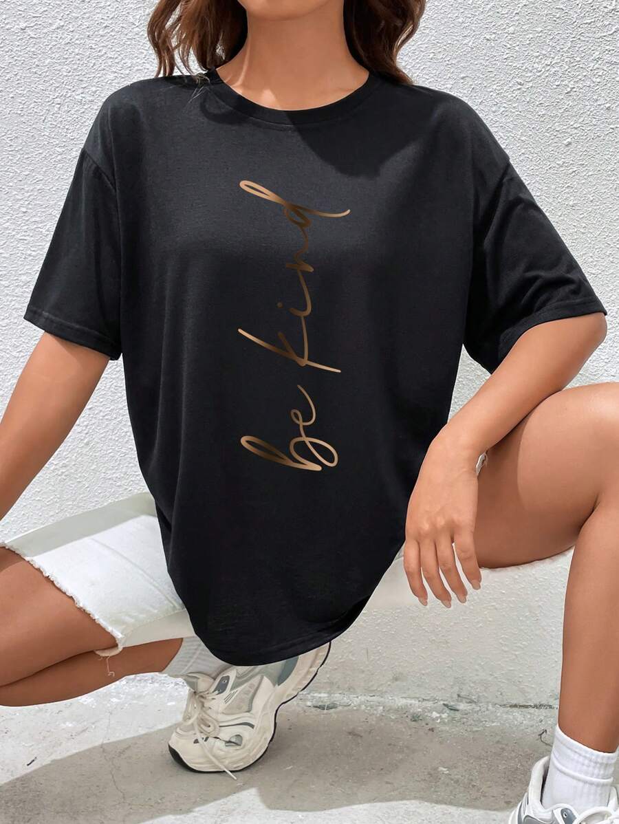 SHEIN EZwear Áo thun nữ Slogan Giải trí - màu đen - Xem 1