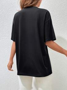 SHEIN EZwear Áo thun nữ Slogan Giải trí - màu đen - Xem 2