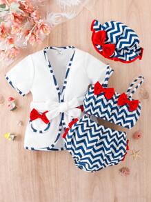 Baby Chevron Print Cami Top & Shorts & Coat & Hat Set - Blue and White - View 1