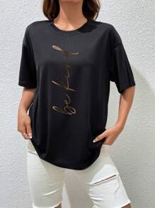 SHEIN EZwear Áo thun nữ Slogan Giải trí - màu đen - Xem 3