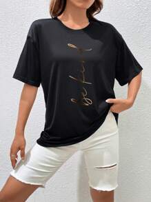 SHEIN EZwear Áo thun nữ Slogan Giải trí - màu đen - Xem 5