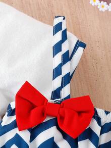 Baby Chevron Print Cami Top & Shorts & Coat & Hat Set - Blue and White - View 6