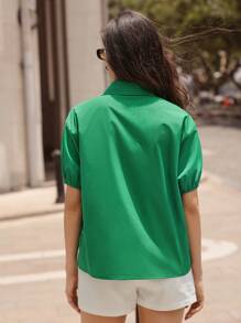 SHEIN Frenchy Áo sơ mi nữ Nút phía trước màu trơn Giải trí - màu xanh lá - Xem 6