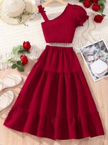 Conjunto De Top De Manga Inflada Con Cuello Asimétrico Y Falda Con Dobladillo De Volante Para Adolescentes - Burdeos - Ver 1