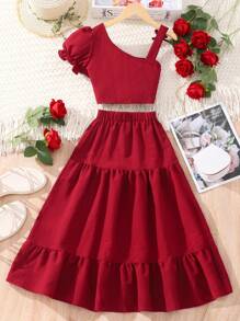 Conjunto De Top De Manga Inflada Con Cuello Asimétrico Y Falda Con Dobladillo De Volante Para Adolescentes - Burdeos - Ver 2