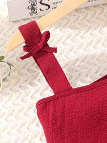 Conjunto De Top De Manga Inflada Con Cuello Asimétrico Y Falda Con Dobladillo De Volante Para Adolescentes - Burdeos - Ver 3