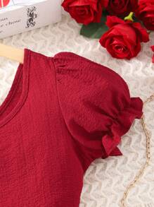 Conjunto De Top De Manga Inflada Con Cuello Asimétrico Y Falda Con Dobladillo De Volante Para Adolescentes - Burdeos - Ver 4