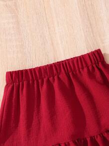 Conjunto De Top De Manga Inflada Con Cuello Asimétrico Y Falda Con Dobladillo De Volante Para Adolescentes - Burdeos - Ver 6
