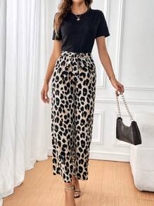 SHEIN Unity 素色T恤和豹紋印花腰帶闊腿褲 - 彩色 - 查看 4