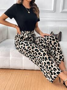 SHEIN Unity 素色T恤和豹紋印花腰帶闊腿褲 - 彩色 - 查看 6