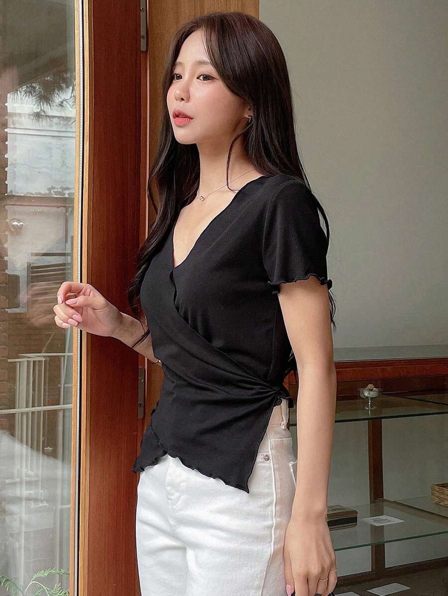 DAZY Áo thun nữ Bất đối xứng Xù nhỏ Trọn gói màu trơn Giải trí - màu đen - Xem 1